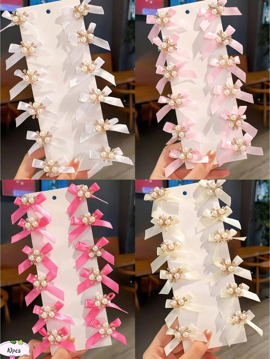 10pcs/Pack Girls' Cute & Delicate Versatile Mini Multi-Color Bowknot Pearl Decor Hair Clips