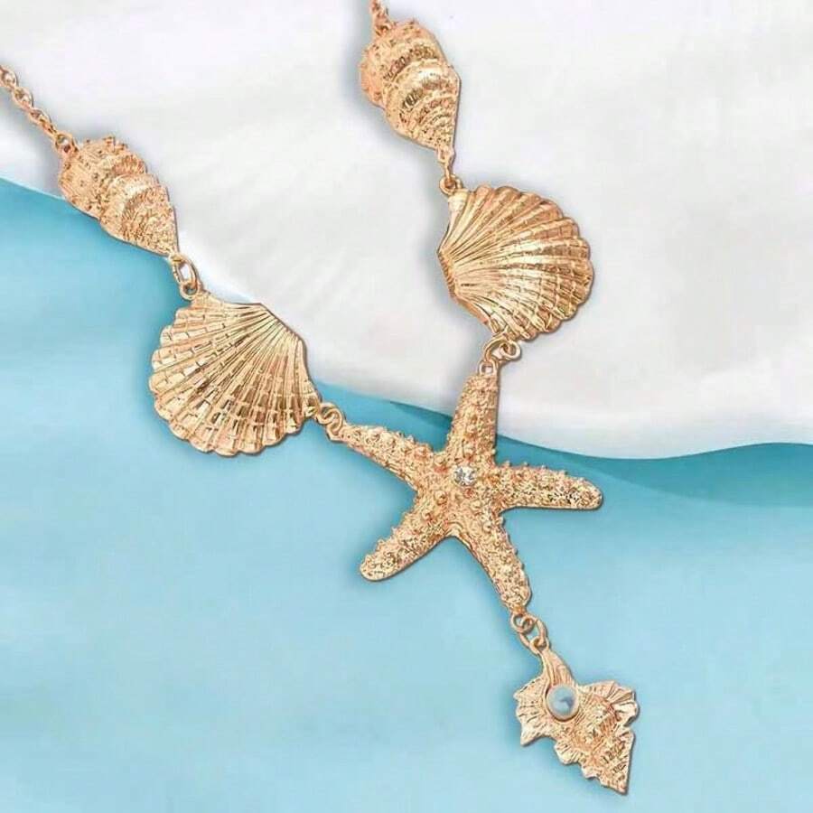 A Summer Beach Exaggerated Style Octopus Dripping Oil Starfish Shell Snail Cross Multi-Layer Diamond Pendant Necklace