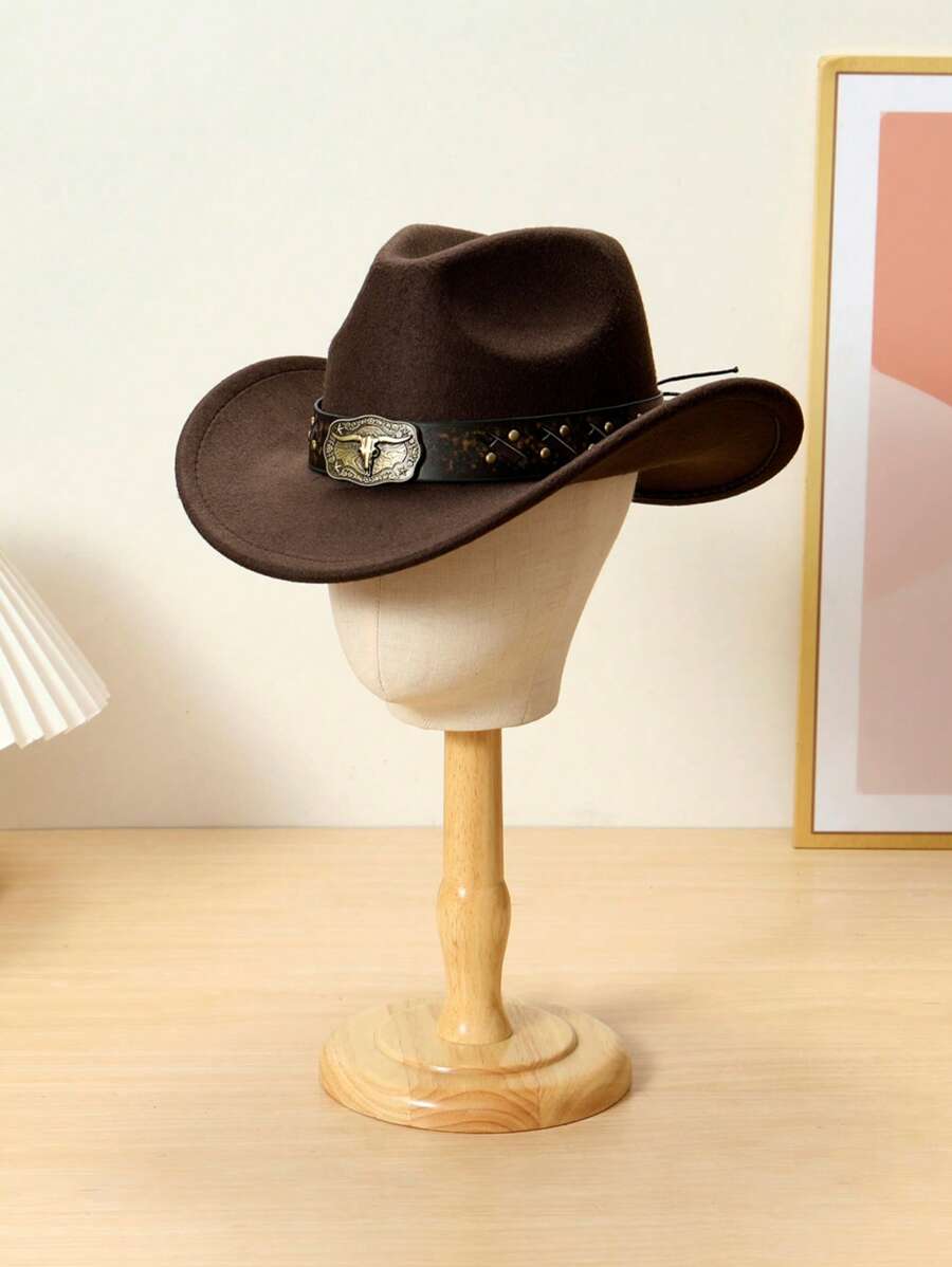 1 pièce Chapeau en feutre de style unisexe avec décor taureau, casquette décontractée, chapeau de cowboy, design élégant convenant pour les voyages, les fêtes, le thème du cow-boy occidental et l'utilisation quotidienne