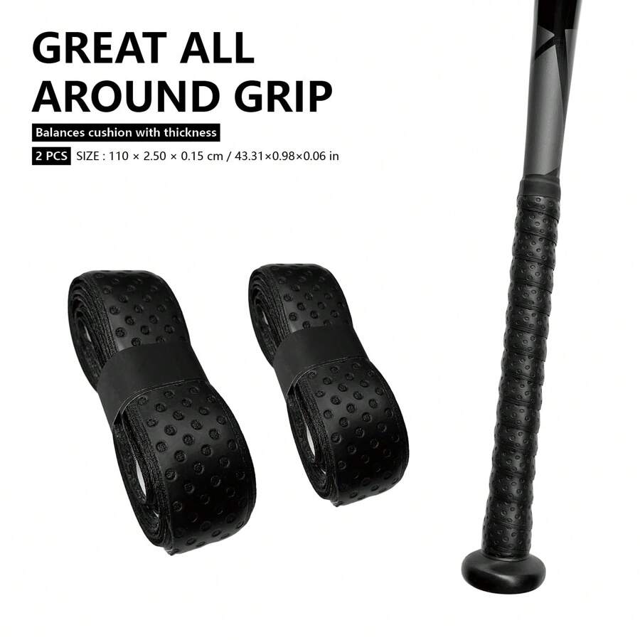 2 PIEZAS Cinta antideslizante para bate de béisbol negro de 1,5 mm de grosor | Ajuste universal | Parte posterior completamente adhesiva | Alta amortiguación y durabilidad | Se ajusta a bates de madera y compuestos | Tamaño: 110*2,5*0,15 cm