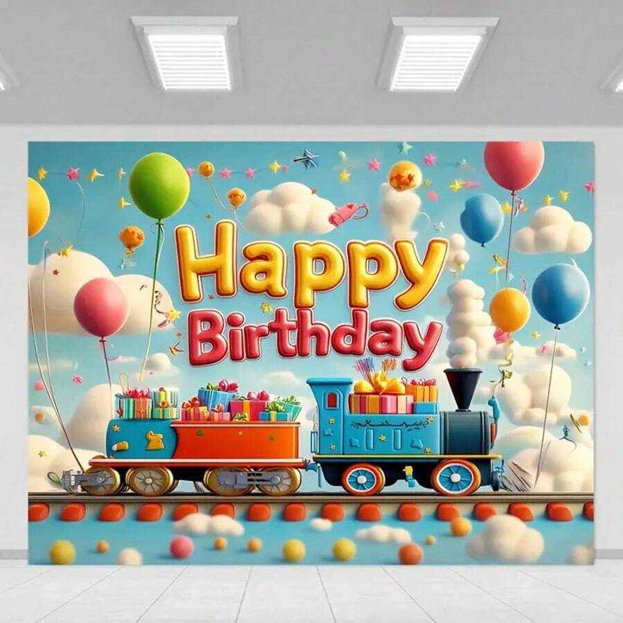 1 Stück Hintergrund mit blauem Himmel, weißen Wolken und Luftballon, kleiner Zug voller Geschenke, Geburtstagsfeierbanner, Party, Heim- und Bürozelebrationshintergrund