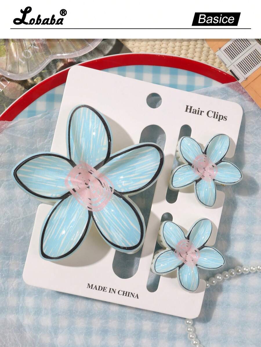 3 Stücke bohemian Urlaubs-glänzende Blumen-Farbverlauf-Farbverlauf Muster Aubergine Blume ABS Material UV Heißprägung Haaraccessoires, süß niedlich Strand Ästhetik täglich elegant Haarklammer Mode Haarspangen Frauen Haarklammer