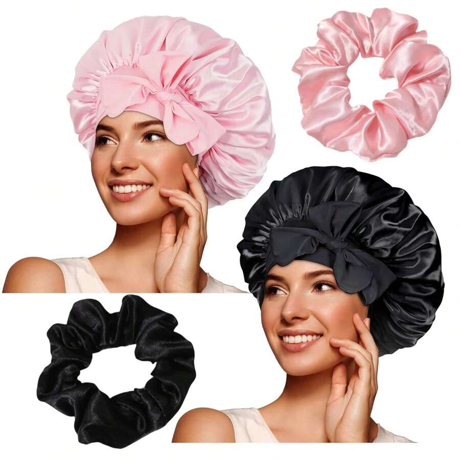 2 Stücke Haaraccessoires Set: Damen einfarbige Schlafmütze mit 1 Stück passenden großen Scrunchie, weich atmungsaktiv und einstellbar für Dusche, Make-up, Gesichtsmaske, Zuhause oder Hotel-Nutzung