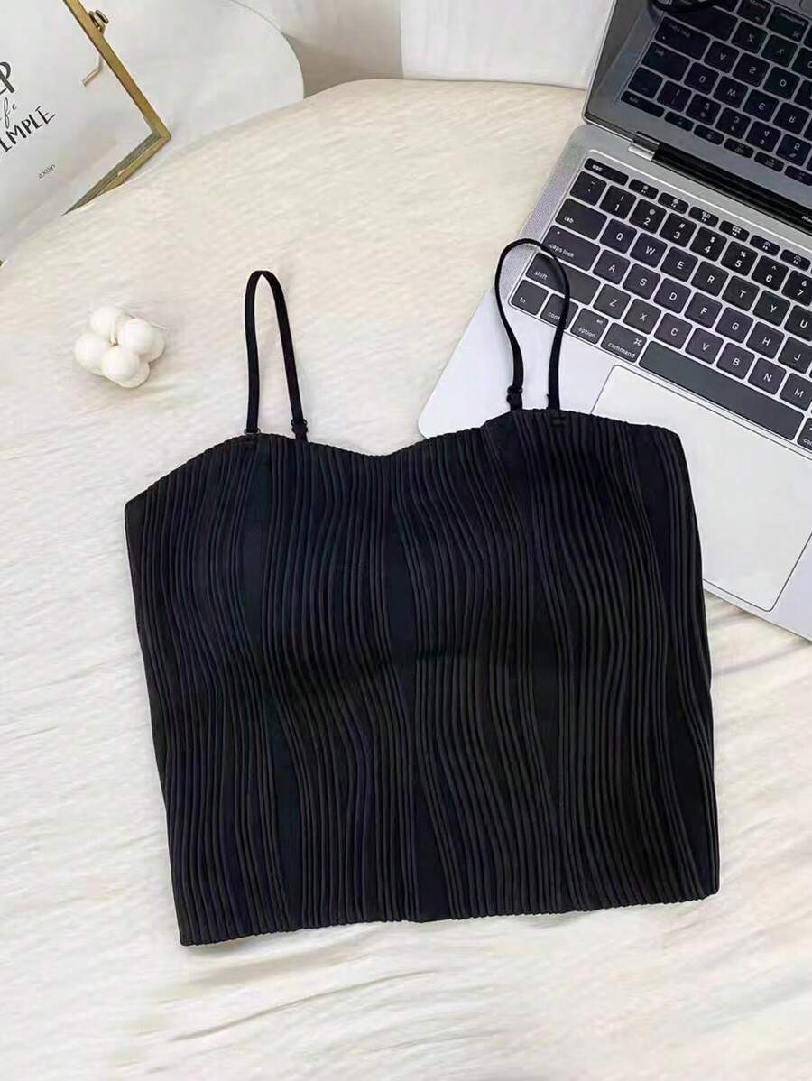 1pc Women's Black Wavy Camisole Bra, Seamless Backless Bra Top With Padded Lining, Suitable For Layering
