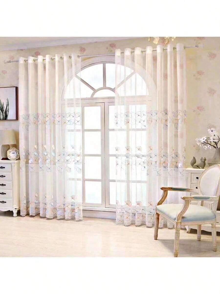 1 Peça Cortina Transparente Perfurada de Estilo Chinês com Bordado de Folha de Ginkgo, Elegante para Sala de Estar ou Quarto