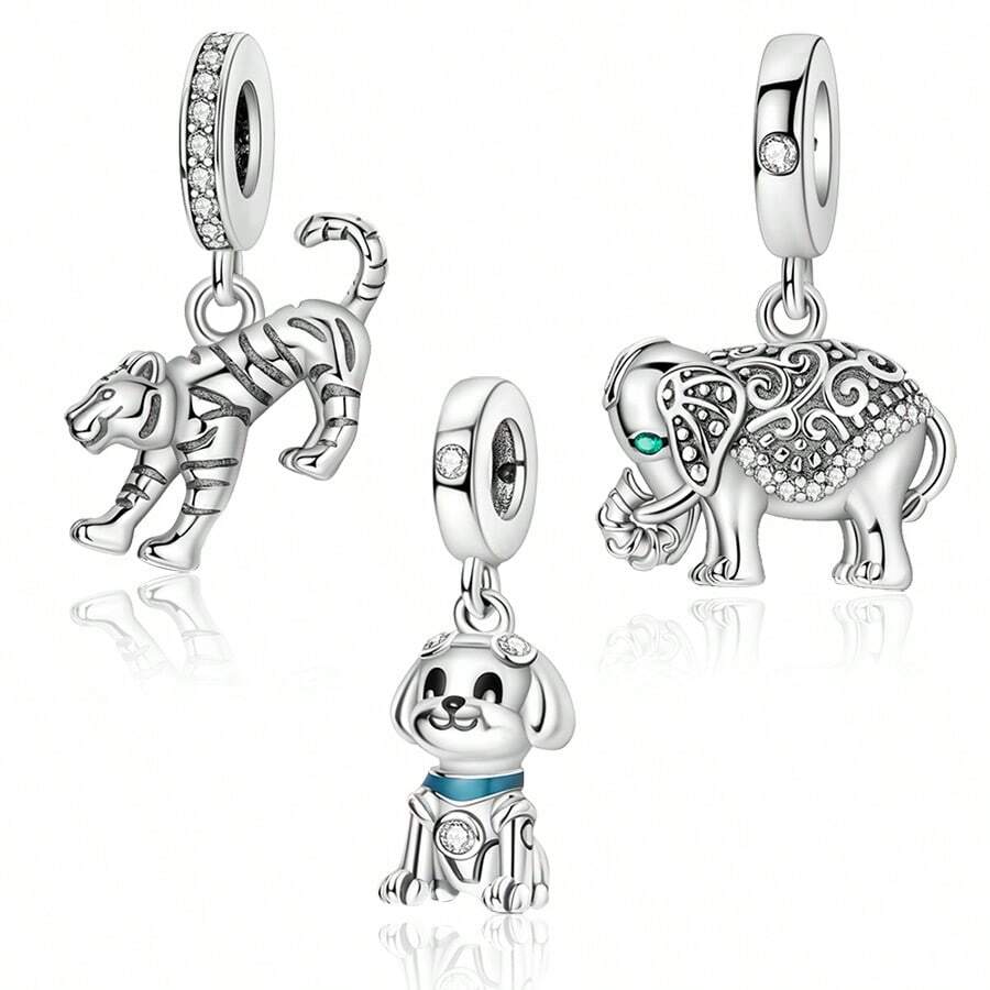 tiantianxue 1pc Set Silver-Plated Tiger, Vintage Elephant, Robot Dog Charm Pendants, Suitable For Women Bracelet/Anklet/Necklace DIY Jewelry Making, Valentine's Day Gift, Daily Fashion Accessories