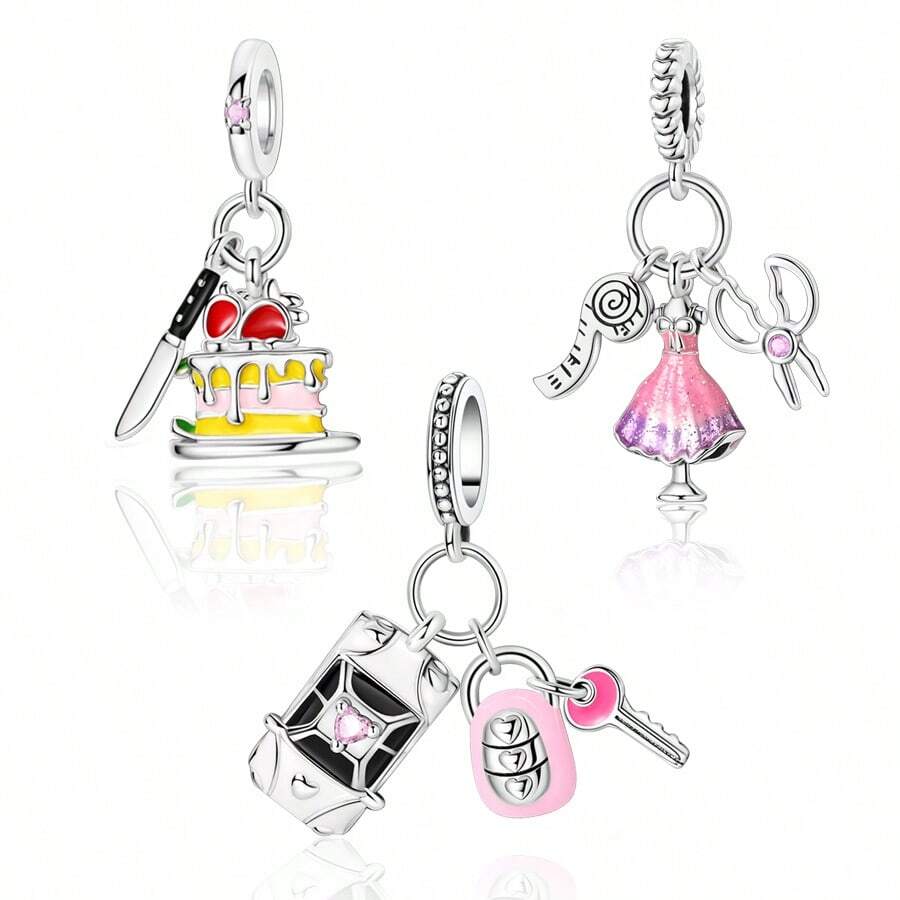 tiantianxue 1 Stück versilberte Tortenbesteck, Schere, Maßband, Kleid, Auto-Schlüssel 2-in-1 Anhänger, geeignet für Damen Armband/Fußkettchen/Halskette zum Selbermachen von Schmuck, Valentinstags Geschenk, modisches Accessoire für den Alltag