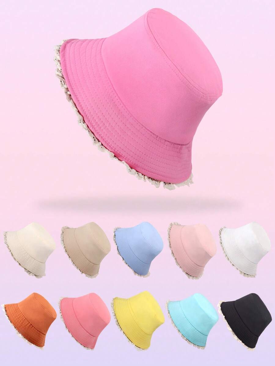 1pc Solid Color Dopamine Lace Patchwork Bucket Hat, Simple Versatile Stylish Fashion Casual Sun Protection Travel Beach Hat