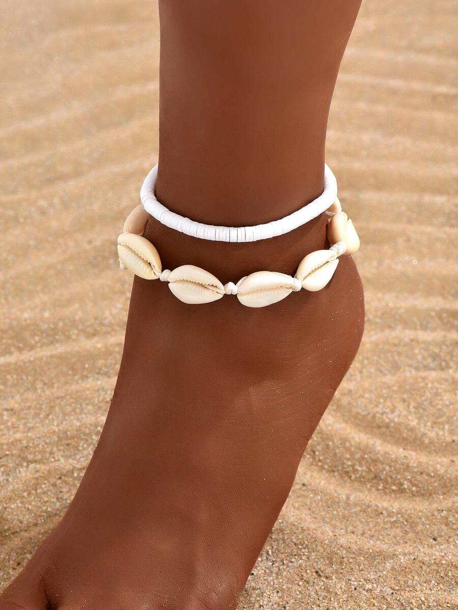 2 Piezas de pulsera de tobillo versátil con diseño trenzado de conchas, adecuado para uso diario de mujeres y para llevar a la playa