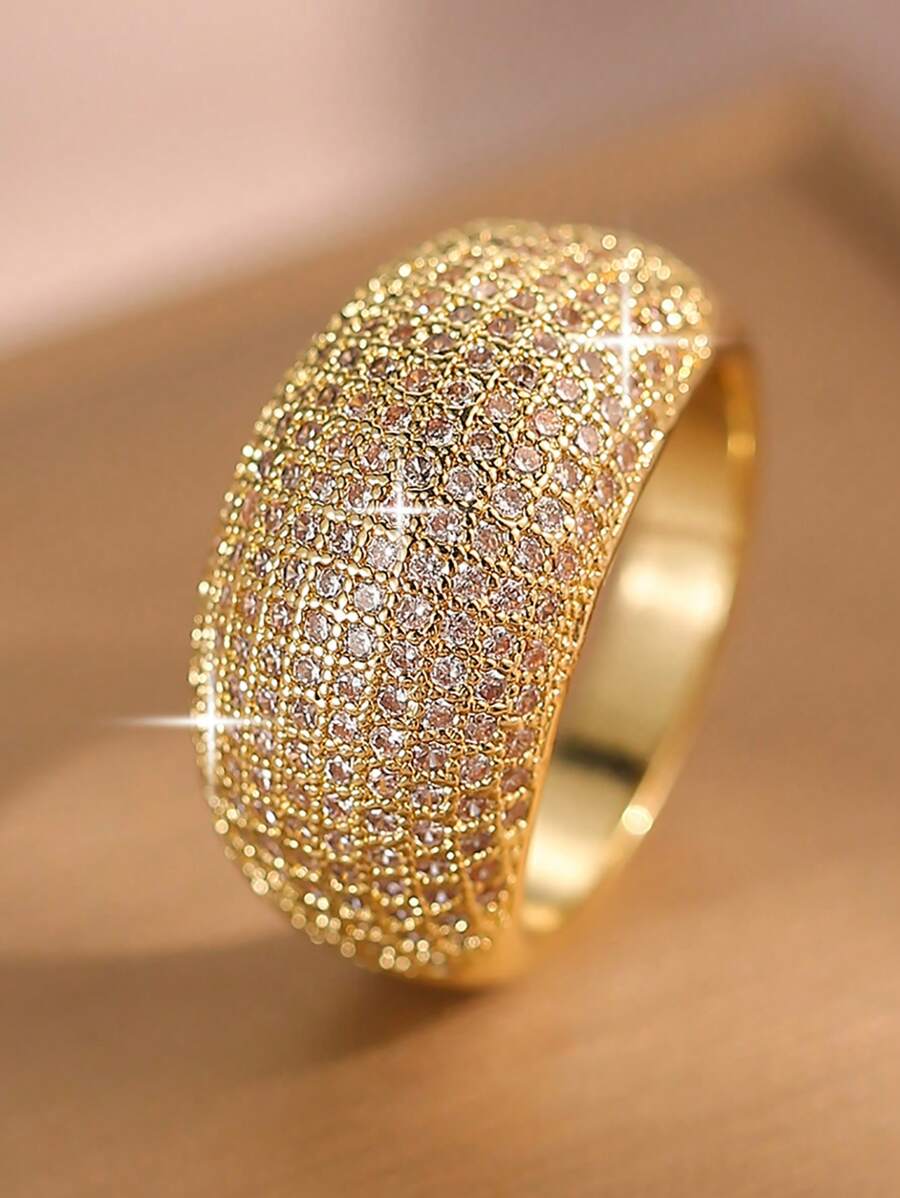 1 Peça Anel Dourado de Luxo, Anel de Declaração Brilhante de Zircônia Cúbica para Mulheres, para Festa, Banquete, Casamento, Festival, Presente e Dia dos Namorados