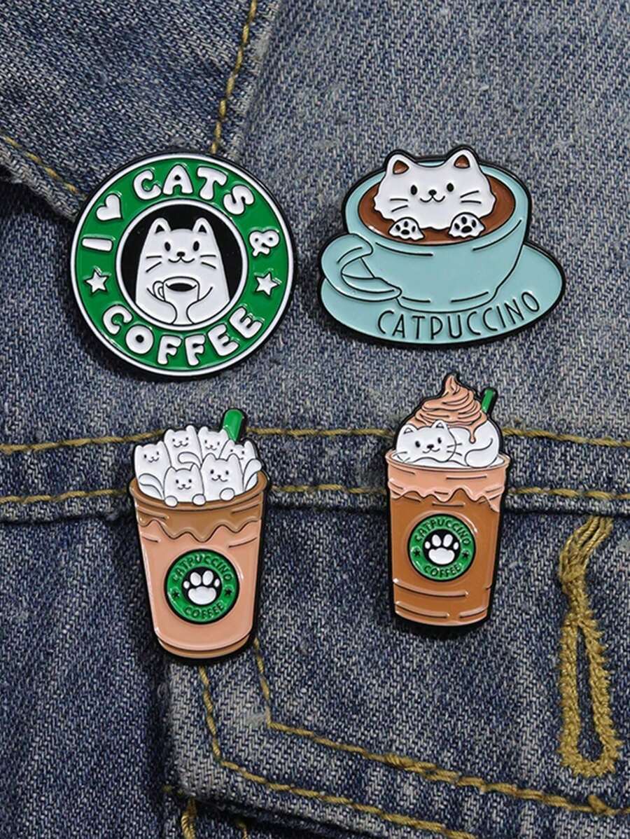 1/4 peças Broche de Liga Metálica Decorativo e Versátil de Café, Gato e Sorvete em Estilo Cartoon