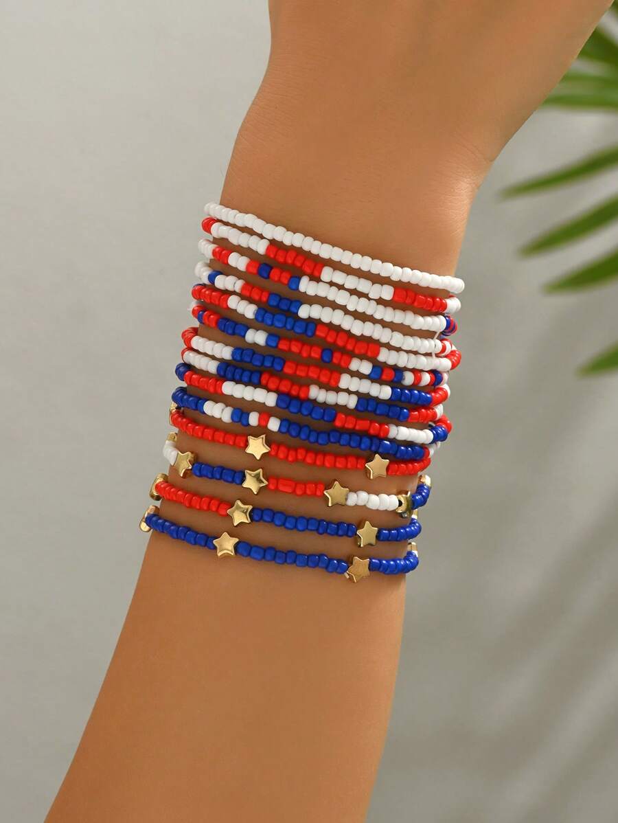 14 pièces/set Bracelets en perles avec étoiles rouges, blanches et bleues pour le 4 juillet, convenant aux déplacements quotidiens des femmes et assortis aux festivals