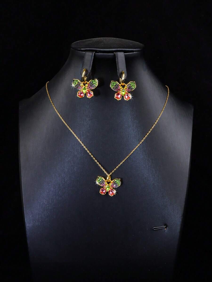 oudina 3pcs Colorful Cubic Zirconia Butterfly Jewelry Set, Suitable For Women's Everyday Wear