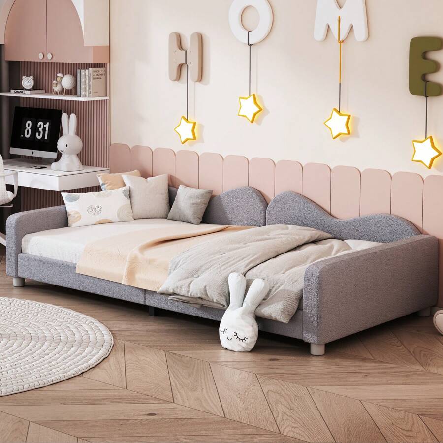 Sairedel Cama infantil estofada 90*200cm, sofá-cama, estrutura de cama, tecido de pelúcia, cama multifuncional macia com encosto e braços, cama juvenil, cama de hóspedes rosa
