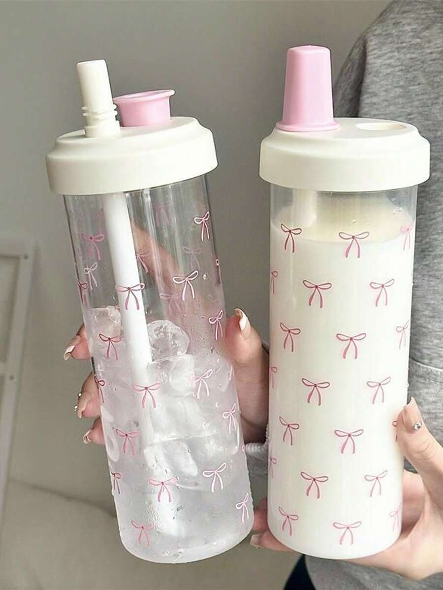1pc Cute Pink Bow Water Bottle, Reusable With Lid And Straw Cup, Travel And Outdoor Cup, Gym And Sports Bottle, Flat Bottomed Cup, Car Cup, Holiday Gift