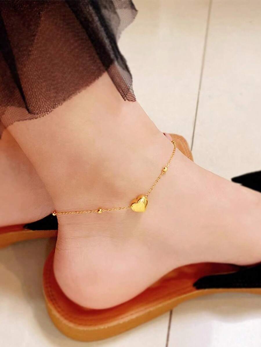 Nooxian 1pc Anklet, Summer Beach Anklet For Women, Stackable Hypoallergenic Stainless Steel Heart Pendant Foot Chain, Mother's Day & Valentine's Day Gift (Random Bead Count, No Gift Box)