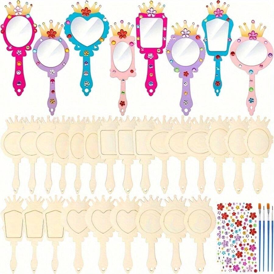12pcs Handmade Wooden Mirrors, DIY Wooden Mirrors, Wooden Mirror Crafts, Makeup Mirrors, Painting Wooden Mirrors. Paintable Handheld Art Mirrors, Birthday & Holiday Party Gifts,Back To School,School Supplies
