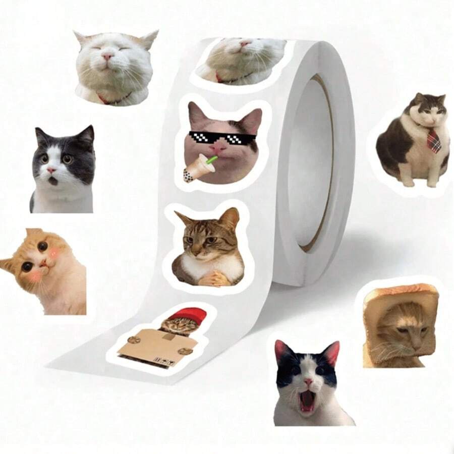 Rollo de 500 pegatinas de gatos, pegatinas virales de gatos y garabatos, pegatinas de rollo divertidas y lindas con cabezas de gato