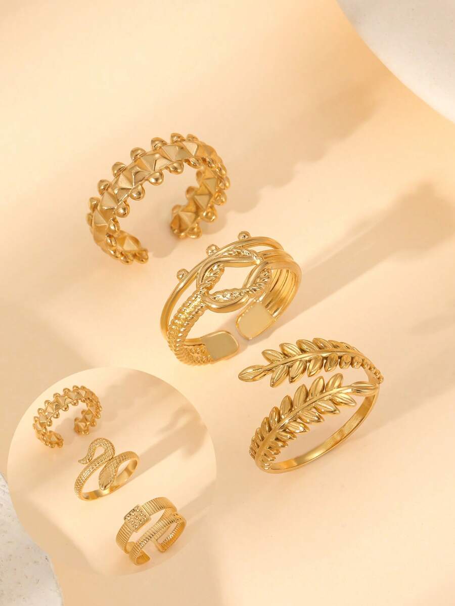3er Set Edelstahl 18K vergoldete Ringe in Schlangen-, Blatt- und geometrischen Formen, geeignet für den täglichen Gebrauch von Frauen