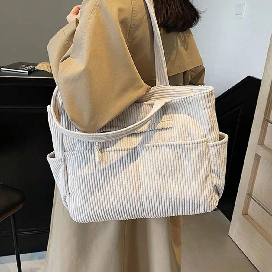 Alwy Bolsa Grande Tote de Mão Ombro Feminina Veludo Cotelê Moda Simples Faculdade Trabalho Moderna Presente dia Dos Namorados