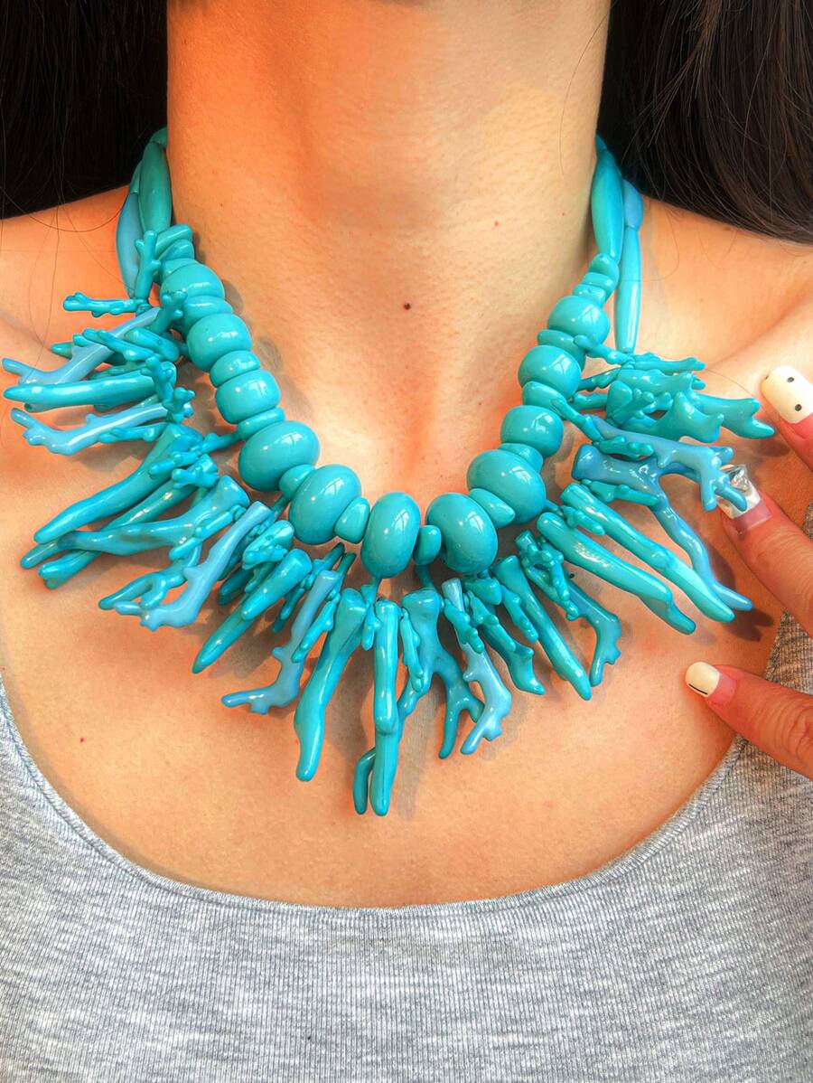 Set de 2 collares elegantes de resina multicapa con colgantes de coral y diseños geométricos, un diseño creativo de vida marina para uso diario y vacaciones en la playa