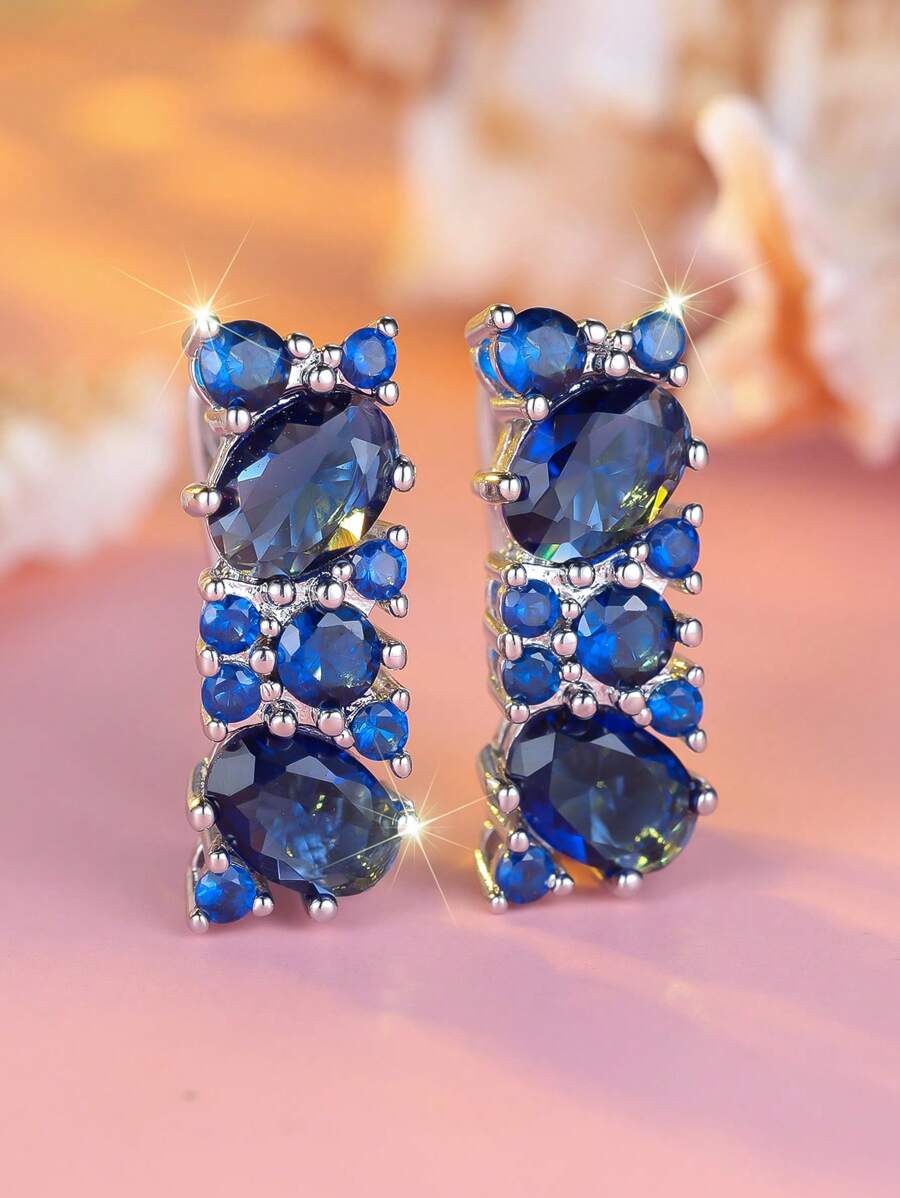 1 Par de Brincos de Botão Elegantes para Mulheres com Zircônia Cúbica Azul Revestido a Ouro Branco, Luxuoso para Casamento, Festa, Férias, Uso Diário, Durante Todas as Estações