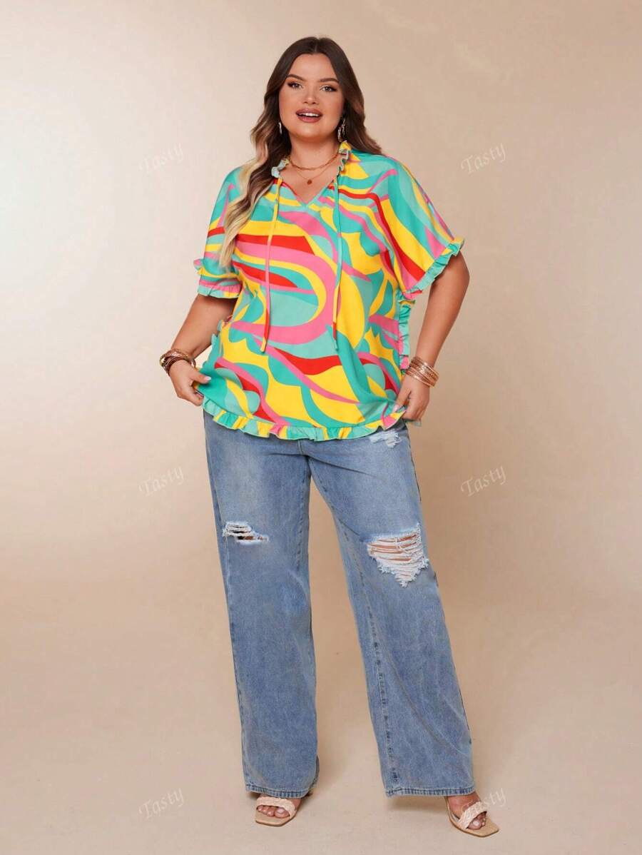 Plus Size Women Casual Holiday Multicolor Graphic Print Tie V-Neck Ruffle Trim Summer Tops