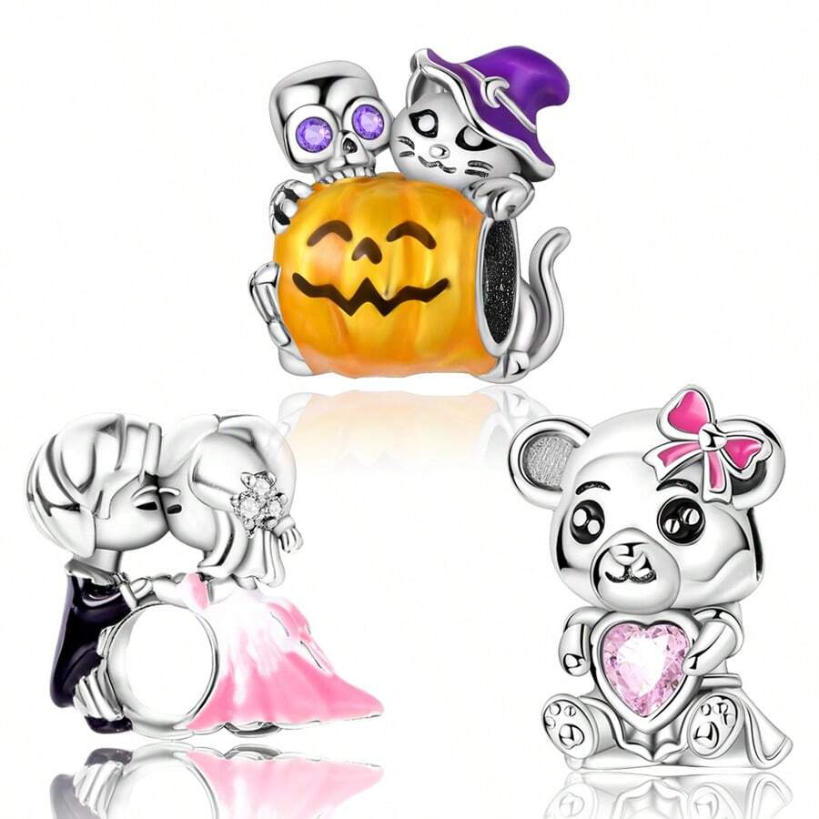 tiantianxue 1pc Silver-Plated Glow-In-The-Dark Pumpkin/Sweet Kiss/Bear Hugging Heart Beaded Pendant, Suitable For Women Bracelet/Anklet/Necklace DIY Jewelry Making, Valentine's Day Gift, Daily Fashion Accessory