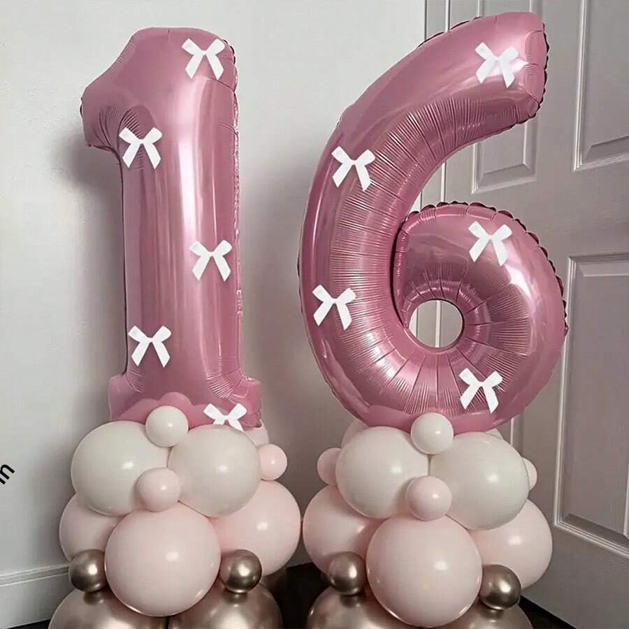 1 Pc 32 Inch Pearl Pink Number Foil Balloon & 5 Pcs White Bow Combination Set, Suitable For Wedding, Birthday, Anniversary, Graduation, Summer Party Decoration