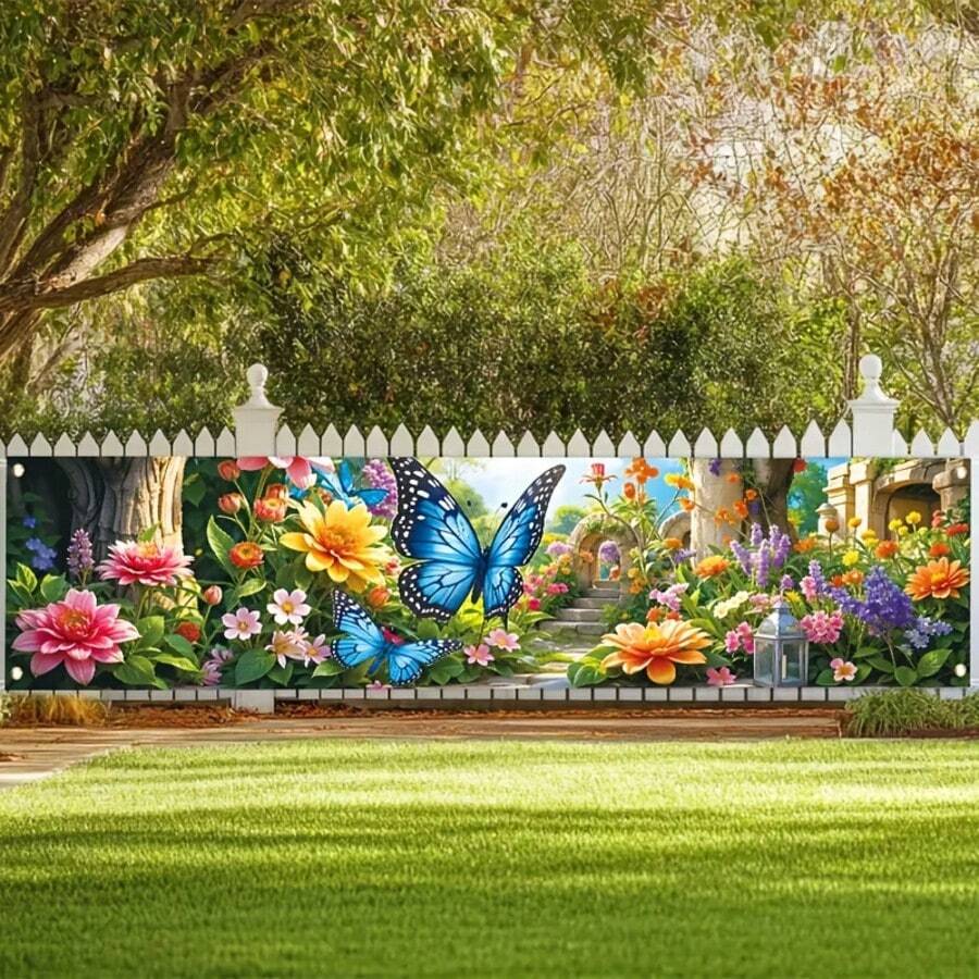 Vibrant Spring Garden Banner, Butterfly And Flower Design - Durable Polyester Outdoor Decor, Suitable For Festivals, Parties, Photography Backdrops, Garden Decoration