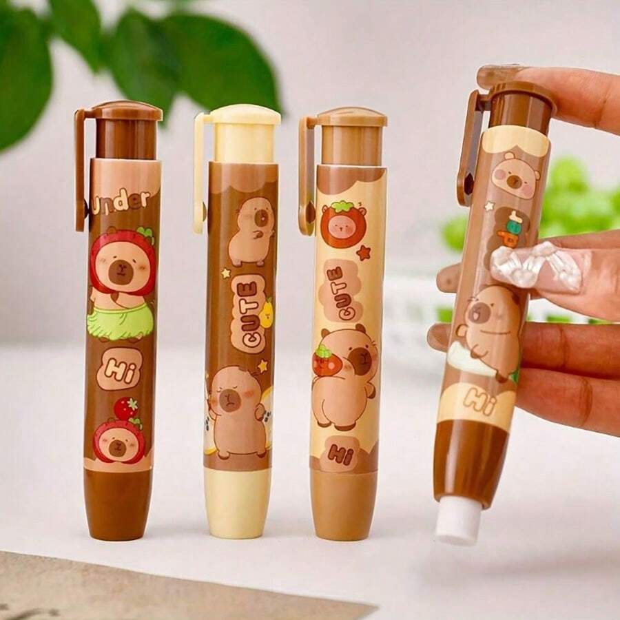 1 pieza/3 piezas Gomas de borrar con diseño de Capibara de dibujos animados, gomas de borrar retráctiles, gomas de borrar creativas y lindas con forma de globo, adecuadas para la escuela, la oficina, el arte y la papelería, útiles para volver a la escuela, con forma elíptica de PVC
