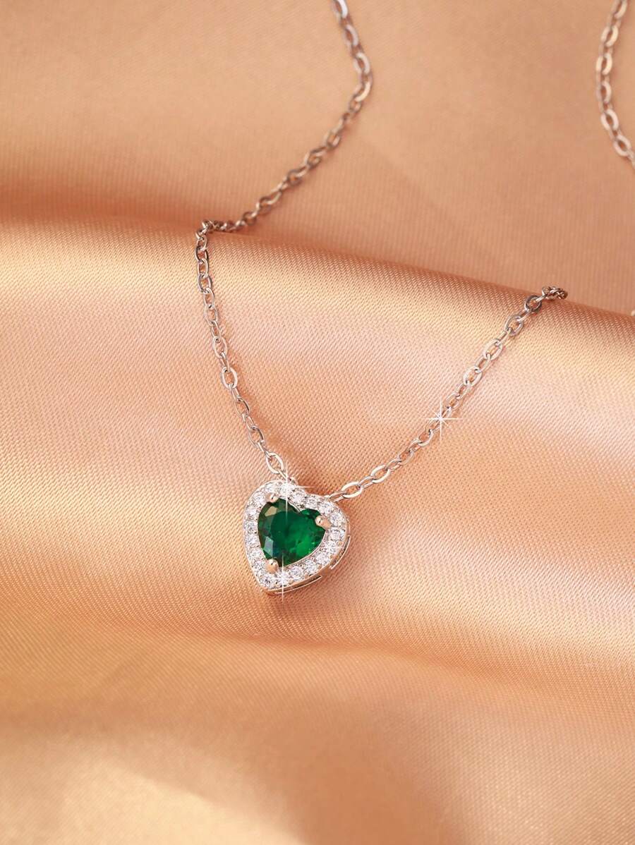 1pc Women's Fashion Elegant Green Cubic Zirconia Heart-Shaped Titanium Steel Silver Plated Adjustable O-Chain Necklace, Suitable For Party And Daily Wear