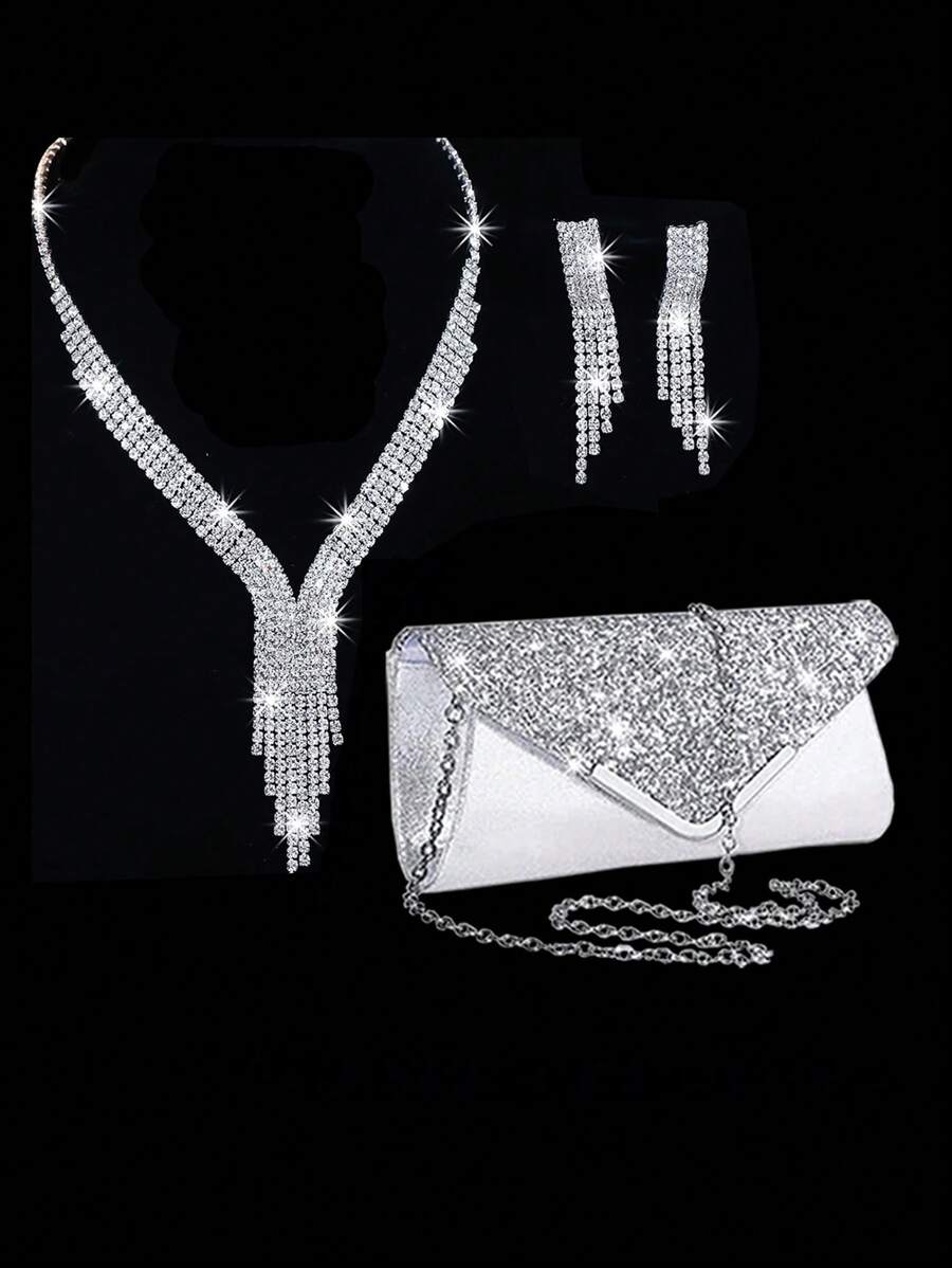 Conjunto com 3 Peças: 1 Peça Bolsa de Embreagem Elegante Versátil da Moda Feminina com Lantejoulas, 1 Peça Bolsa de Ombro com Corrente, 1 Peça Colar e Brincos com Decoração de Borla de Strass para Festa e Uso à Noite