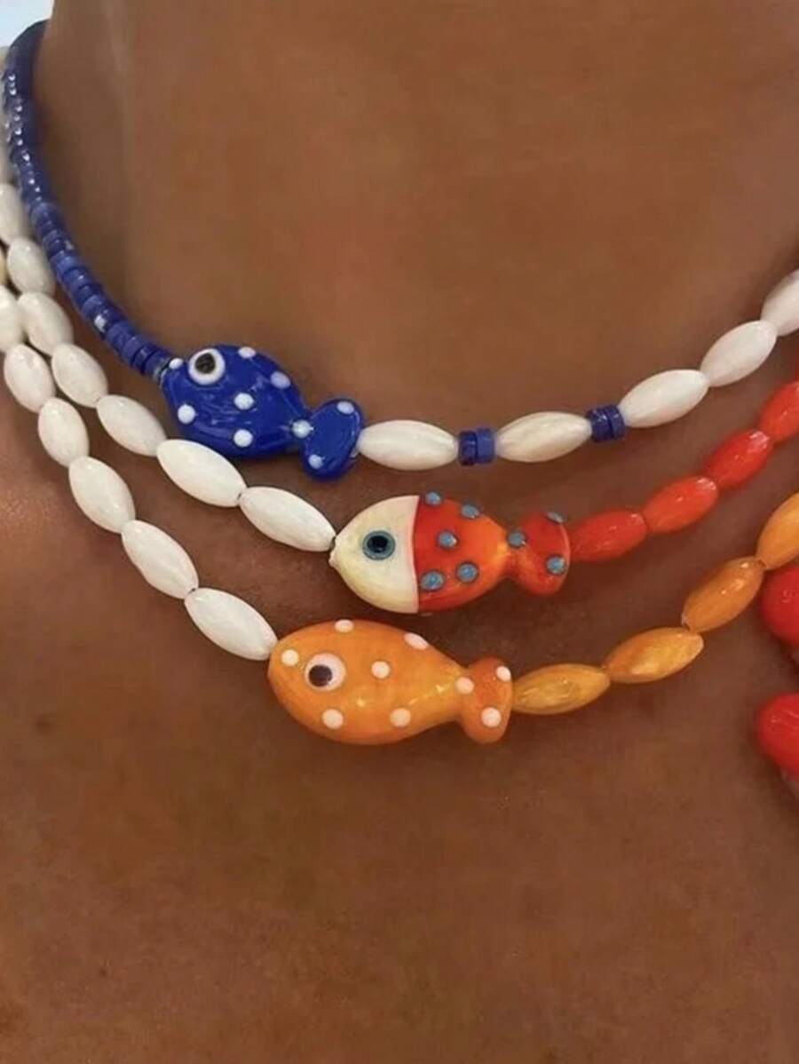 Collar de estilo bohemio con cuentas pintadas a mano con diseño de estrella de mar, cadena de la clavícula de pez payaso de cerámica naranja con lunares