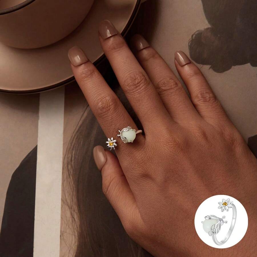 bamoer 1 PAR de anillos abiertos de plata de ley 925 con diseño de insecto y flor para mujer. Anillo de luciérnaga luminoso de ajuste cómodo y alto brillo, ajustable