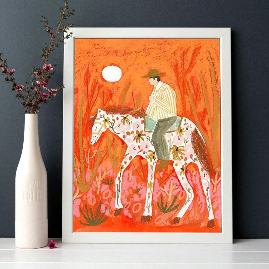 1 pieza Póster de lienzo con diseño de vaquero de dibujos animados vibrante - Arte de pared minimalista moderno, decoración del hogar sin marco para sala de estar, dormitorio u oficina, con fondo floral colorido y tonos naranjas cálidos, regalo perfecto para espacios con temática occidental, decoración del hogar de estilo occidental