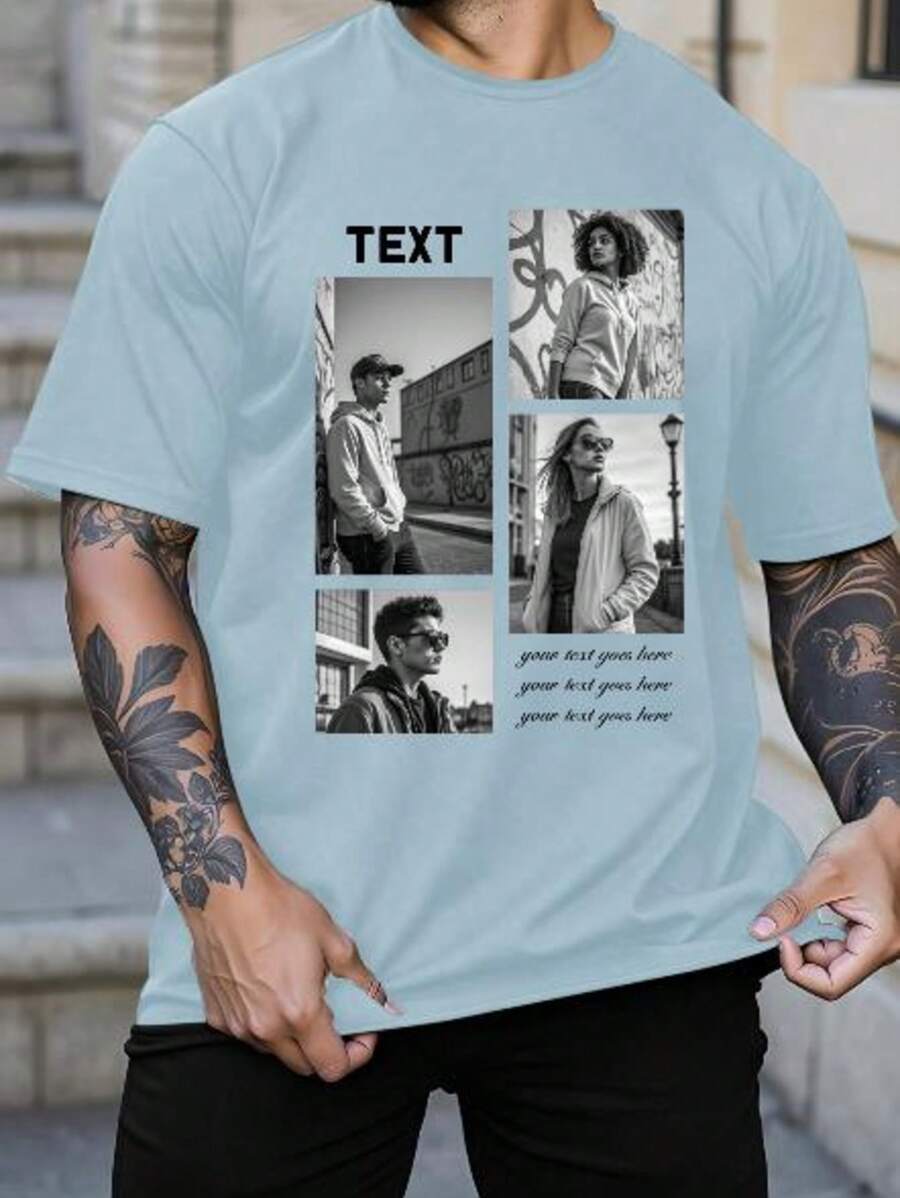 Camiseta personalizada para hombre, Camiseta personalizada con foto impresa, Camiseta de cuello redondo personalizada con impresión para hombre - Agrega tu propio texto e imágenes (fotos familiares/selfies/fotos de mascotas/fotos de amigos/logotipo de la empresa) para diseñar tu camiseta impresa personalizada, Sube tus fotos/collages/seres queridos/mascotas/escenas, Ingresa texto/nombre/citas/eslóganes, Camiseta de manga corta de cuello redondo para hombre, Regalo de vacaciones, Regalo de aniversario, Atuendo de festival de música