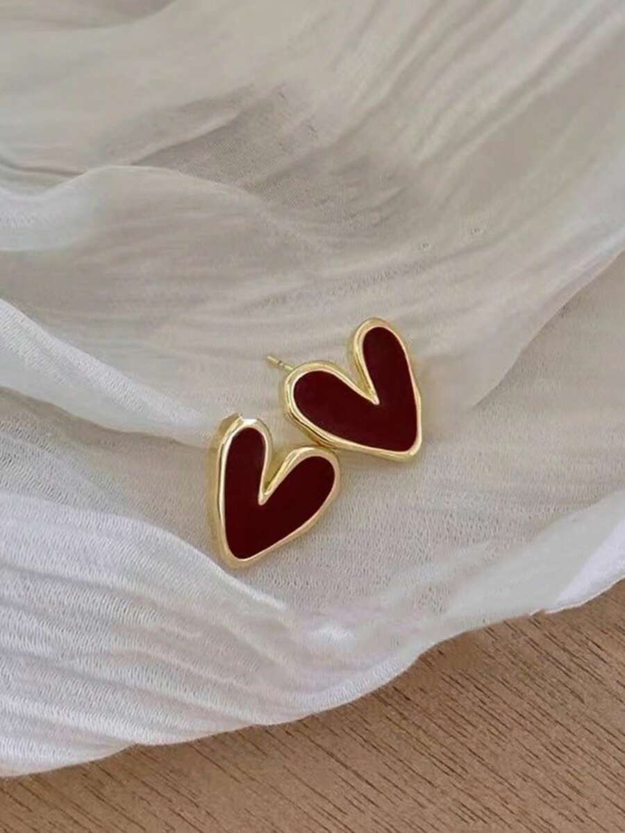 1 pieza Aretes con forma de corazón con acabado de gota vidriada color borgoña, estilo sutil, aretes de corazón pequeños vintage