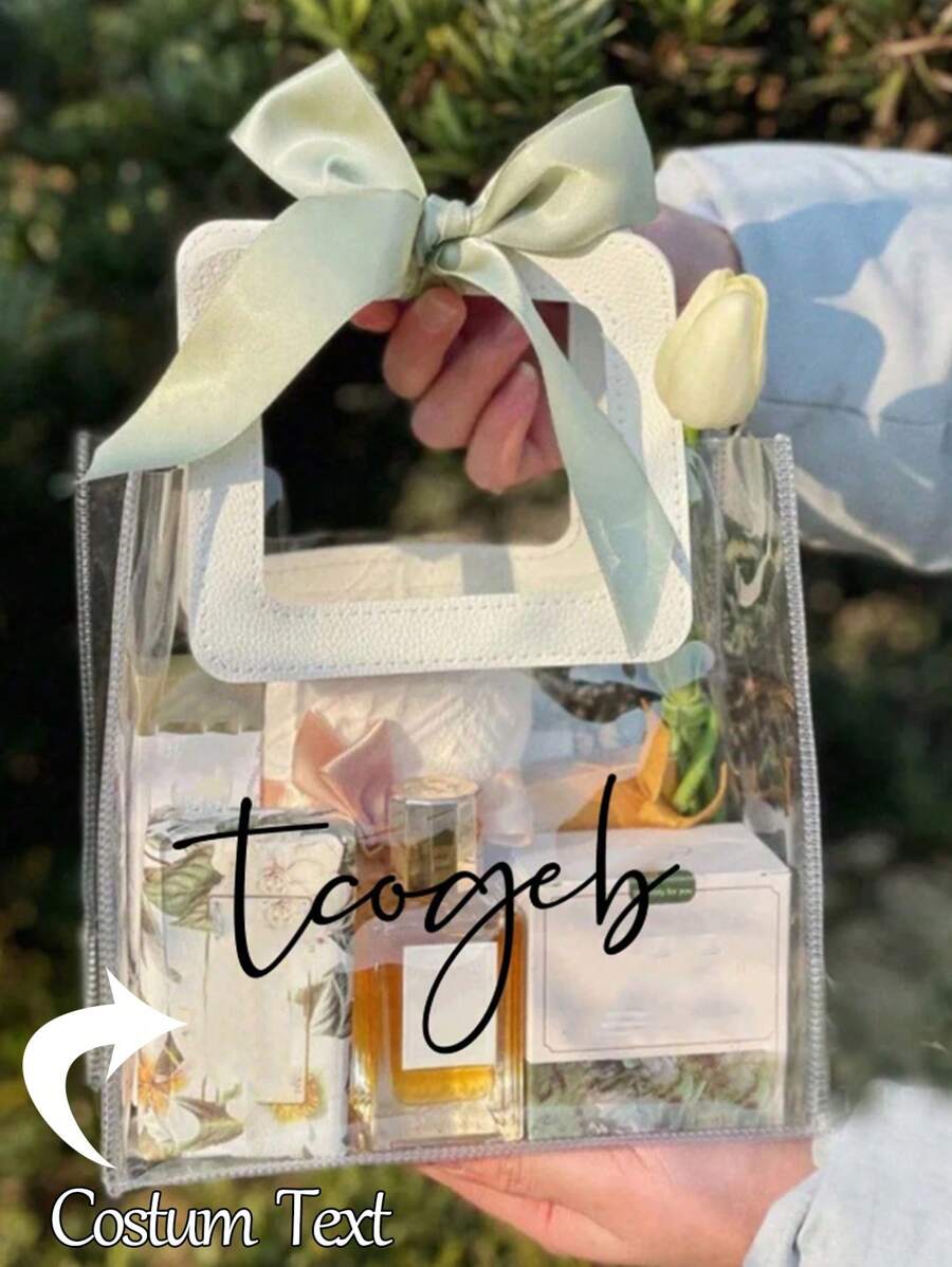 1pc Customizable Thickened Clear PVC Gift Bag, Bridal Gift Tote Bag, Shopping Bag,(Ribbon Color Random) Suitable For Shopping, Weddings, Birthday Parties, Souvenirs, Valentine's Day
