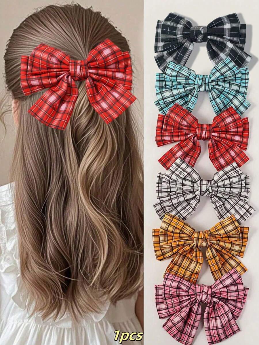 1pc Girls' Cute British Style Plaid Bow Spring Hair Clip Accessory