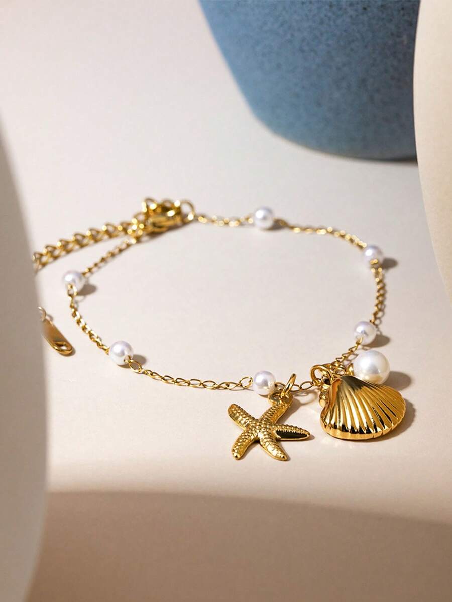 1 pièce Bracelet de cheville avec pendentif en acier inoxydable représentant une coquille et une étoile de mer avec perle, pour femme, pour l'été à la plage