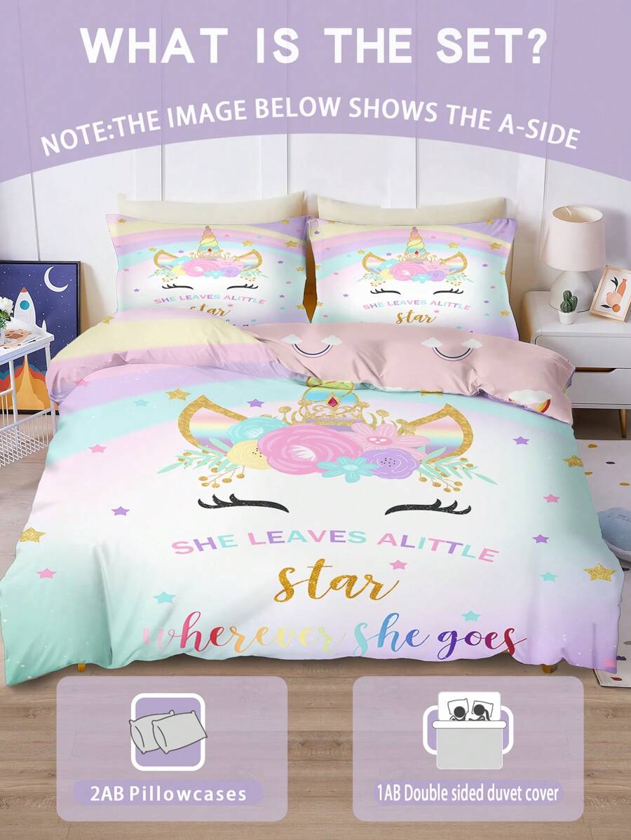 Juego de ropa de cama reversible para cuna Unicornio 1/3 piezas, Juego de funda nórdica con patrones mágicos arcoíris por ambos lados, Artículos esenciales hipoalergénicos para niños