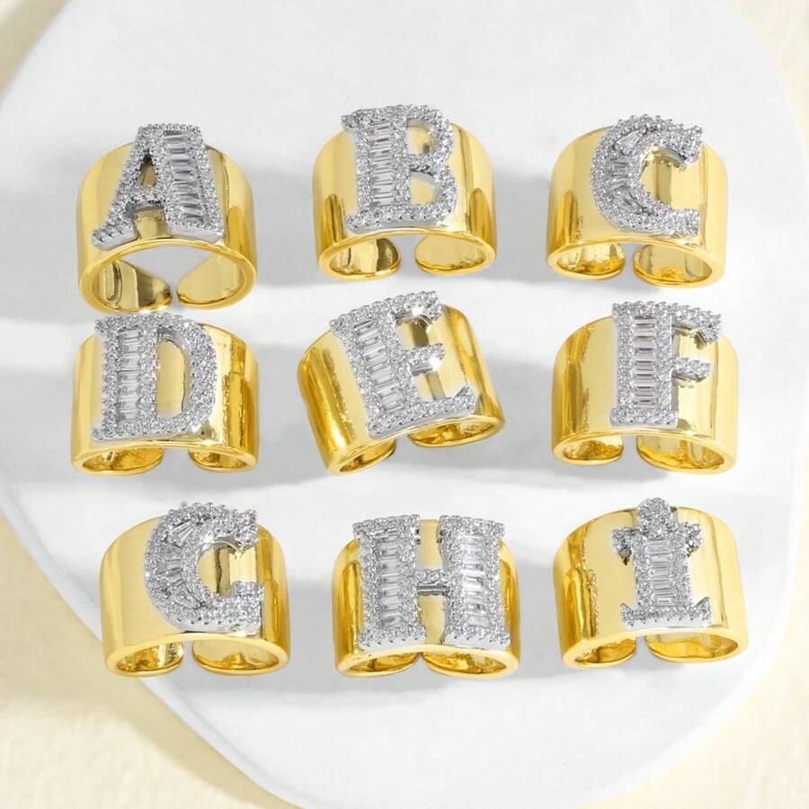 Chunky CZ Crystal 26 Letter Rings For Women Gold Silver Color Wide Rings Initial Jewelry Party Gifts