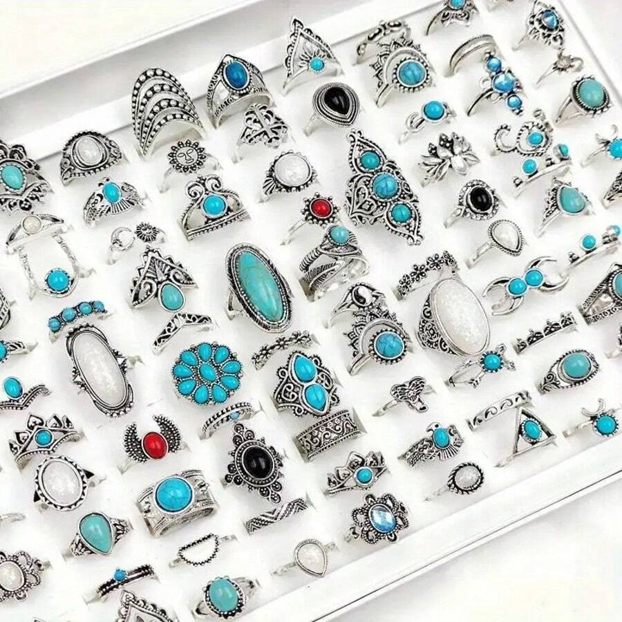 20Pcs/Lot Retro Bohemian Style Turquoise Rings For Women Mix Style Blue Artificial Stone Finger Jewelry Set Party Gifts Random Style