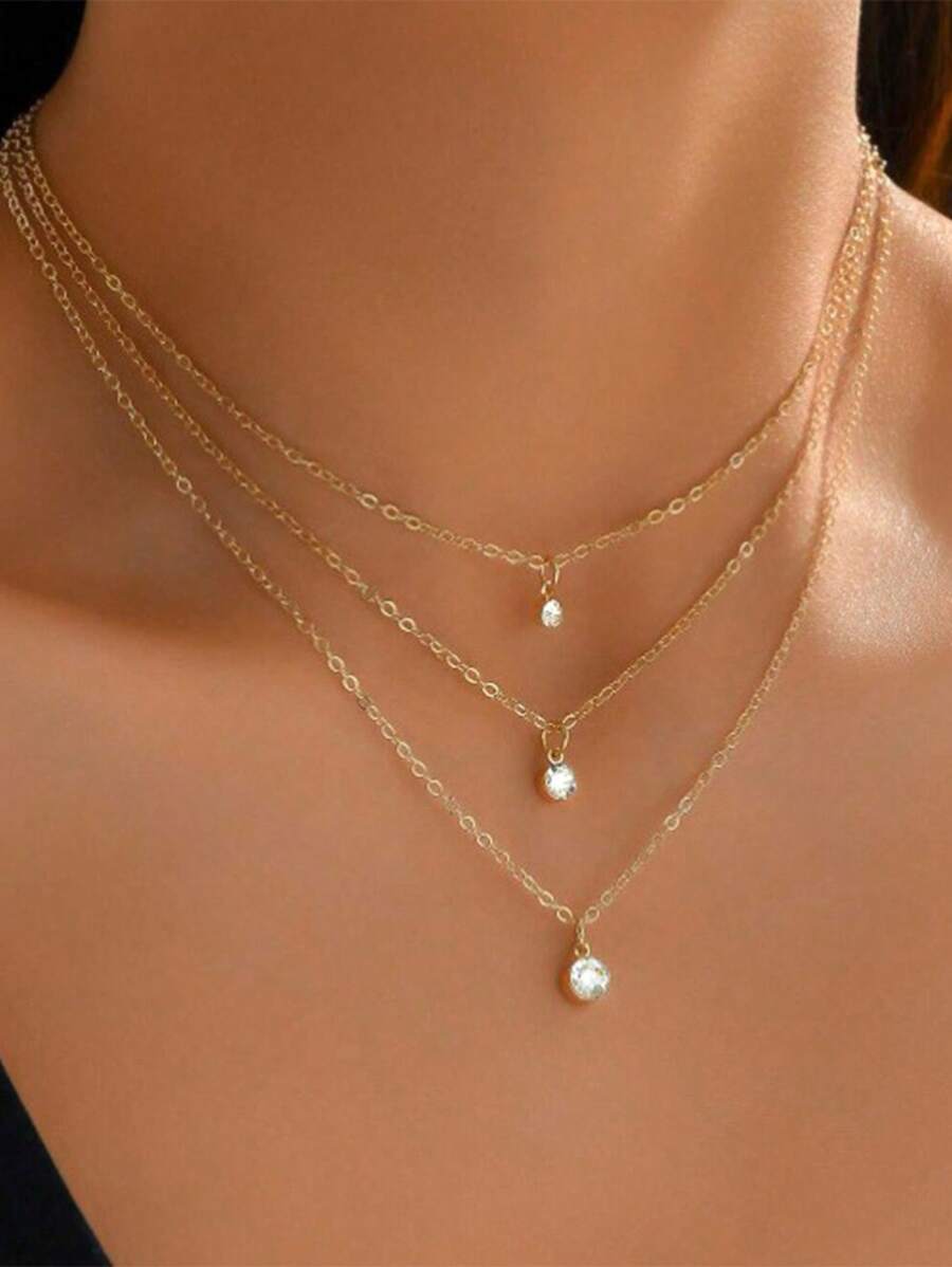 Colar com pingente circular minimalista multicamadas de strass, estilo europeu e americano, para mulheres, gargantilha elegante e versátil, adequada para festas
