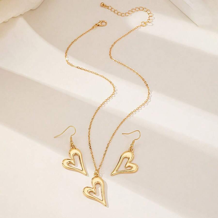 1 Set de joyería con collar y pendientes con diseño minimalista de corazón de metal, adecuado para uso diario de mujer