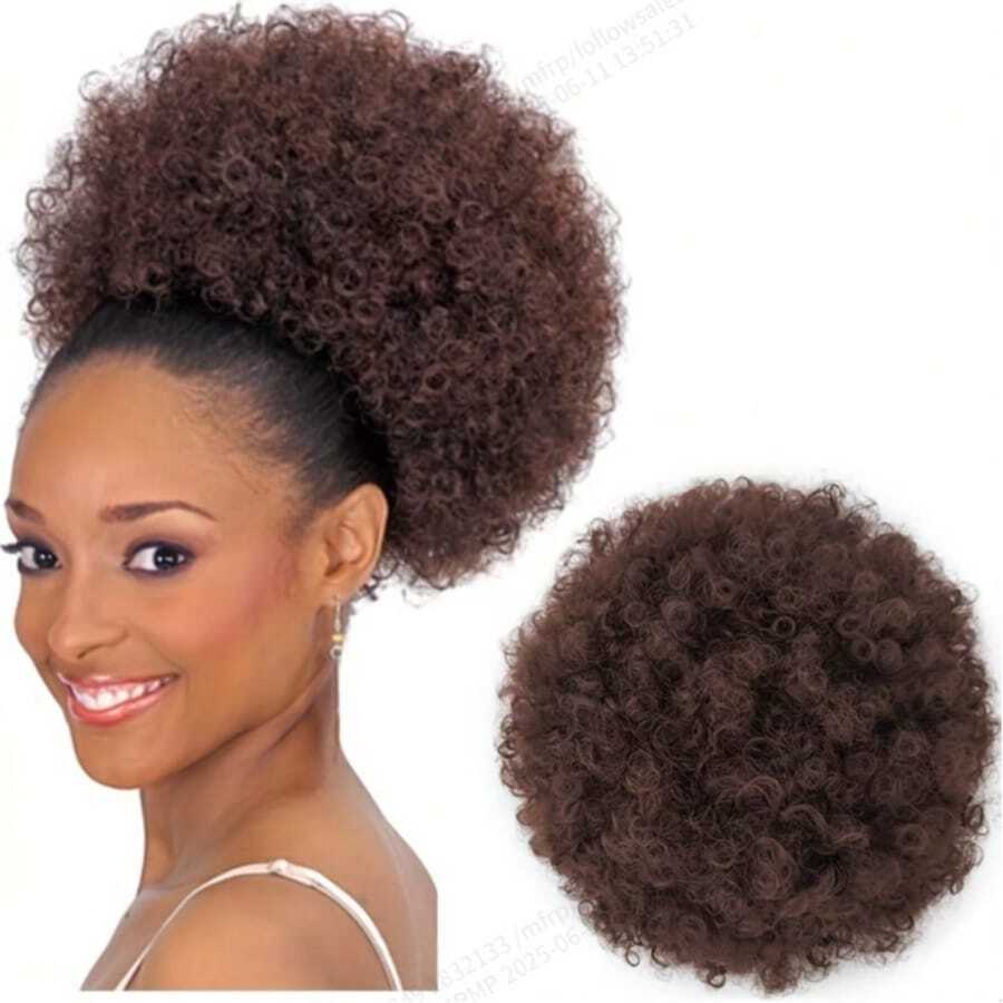 Extensão de cabelo sintético Afro Puff com cordão, Rabo de Cavalo Preto e Marrom, Coque Cacheado Afro Puff com Cordão para Cabelos Curtos e Crespos, Coque Crespo Afro Grande Preto para Cabelos Naturais, Penteados Sintéticos com Presilha para Uso Diário