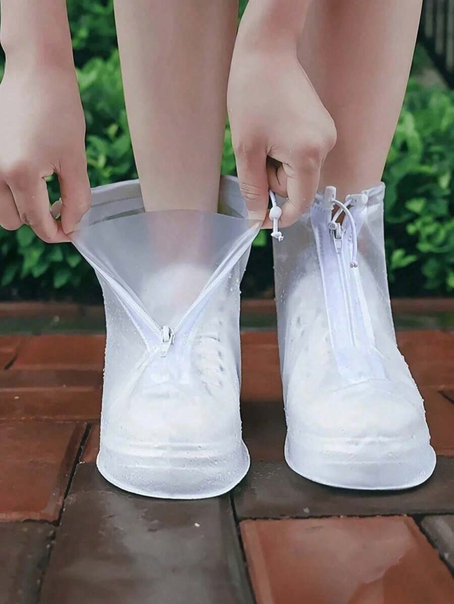 1 Pair White Transparent Plastic Drawstring Waterproof Rain Shoe Covers, Various Sizes, Non-Slip, Waterproof And Dustproof Reusable Shoe Covers, Outdoor Accessories, Suitable For School, Office, Home, Travel, Shoe Storage