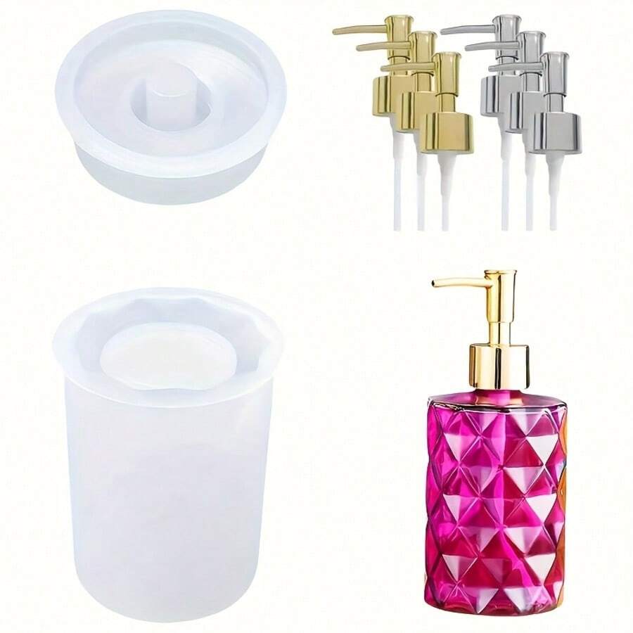 1 Set Flasche Harzform mit Pumpen-Kit, Harzguss Formset, 1 Set Flasche Harzform + 6 Stücke Dosierpumpe Silikonform für Epoxidharz, Bad, Stifthalter (Diamant) Flasche Harzform
