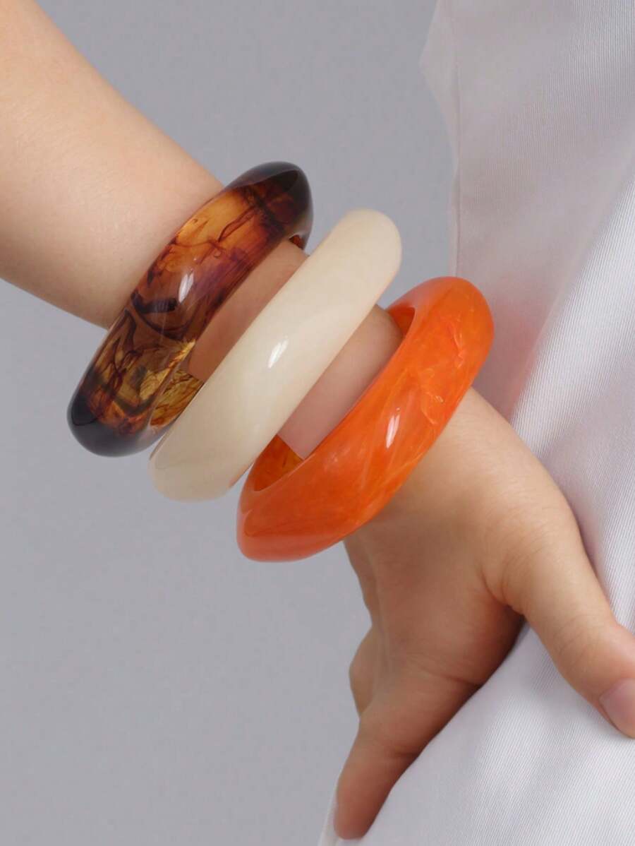 Set de 3 brazaletes acrílicos de estilo boho con patrón de mármol de caramelo, de forma asimétrica cuadrada, semi-transparentes, elegantes y de moda, grandes para regalos, uso casual, vacaciones y citas diarias